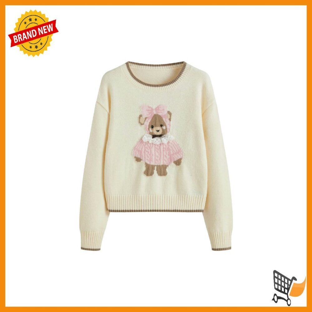 Bear Graphic Cropped Pullover Sweater, Soft Knit, Oversized Fit